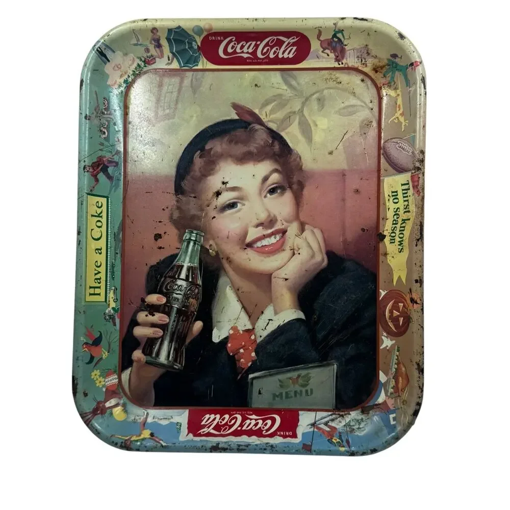 Set of 2 Vintage Coca Cola Metal Trays Have a Coke Waitress Rustic Patina Decor